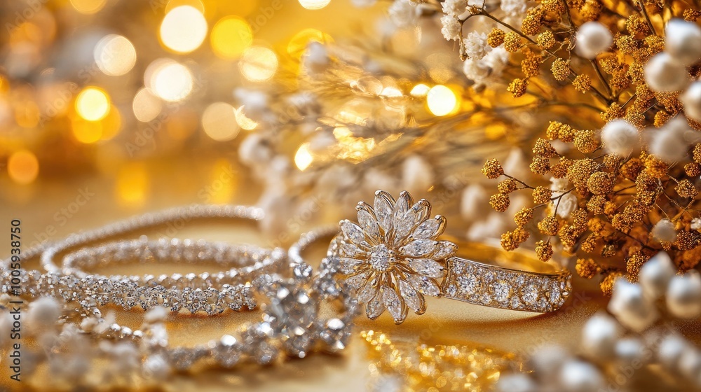 Elegant jewelry display featuring a sparkling ring and delicate floral accents in a warm, golden ambiance. Elegant jewelry display featuring a sparkling ring and delicate floral accents in a warm, golden ambiance.