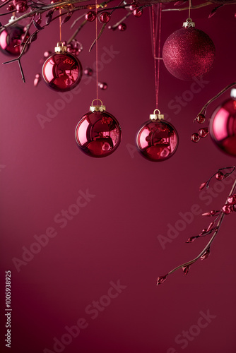 Burgundy christmas vertical background with wine colored christmas decorations and crystals hanging on fir branches with red berries on rich burgundy background with copy space
