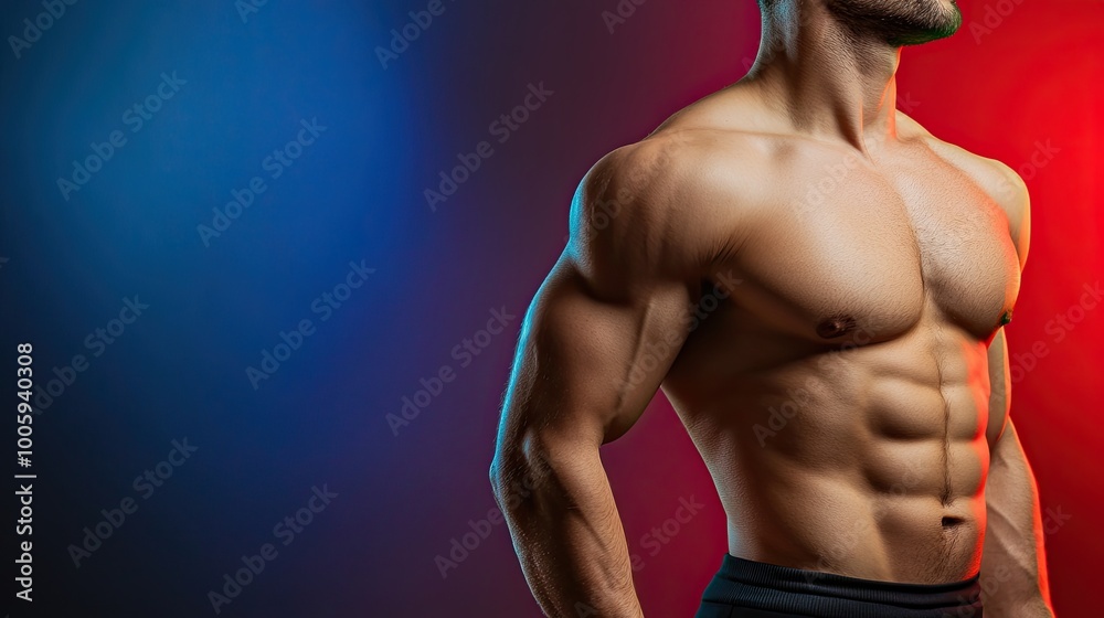 Fototapeta premium Fit male athlete showcasing muscular build and toned physique against a colorful background, ideal for fitness and health themes.