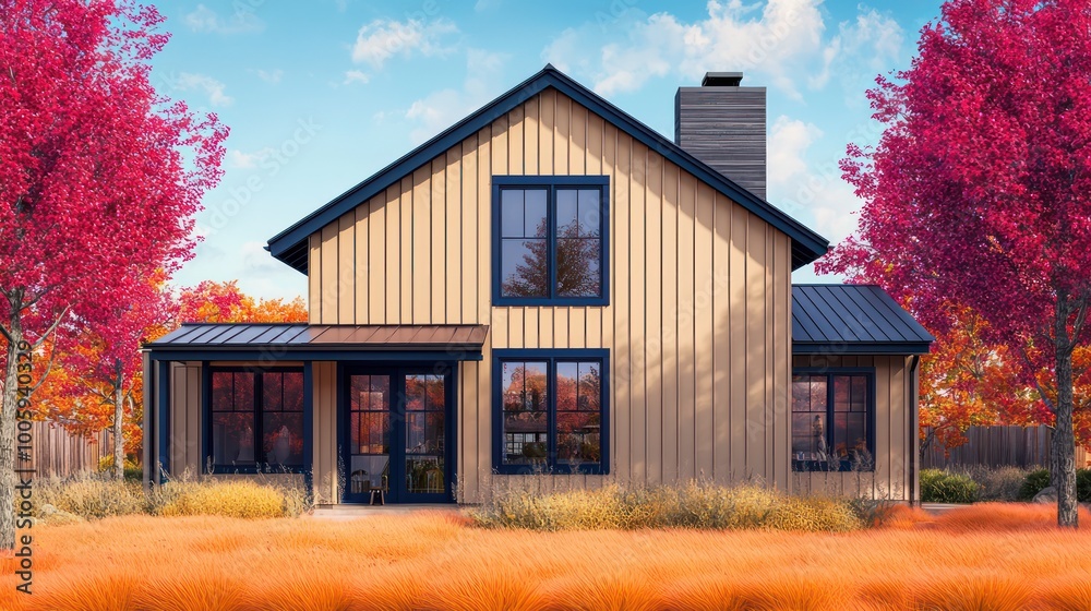Sleek farmhouse exterior with vertical tan paneling, navy blue trim, against light orange grass and surrounded by magenta trees for a unique color palette Sleek farmhouse exterior with vertical tan paneling, navy blue trim, against light orange grass and surrounded by magenta trees for a unique color palette