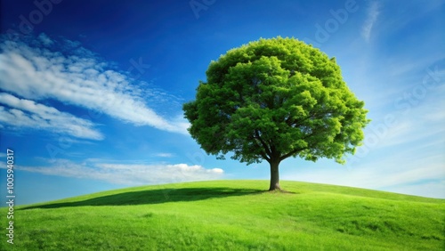 Green tree standing tall on a grassy hill , nature, landscape, scenery, peaceful, tranquil, environment, outdoors