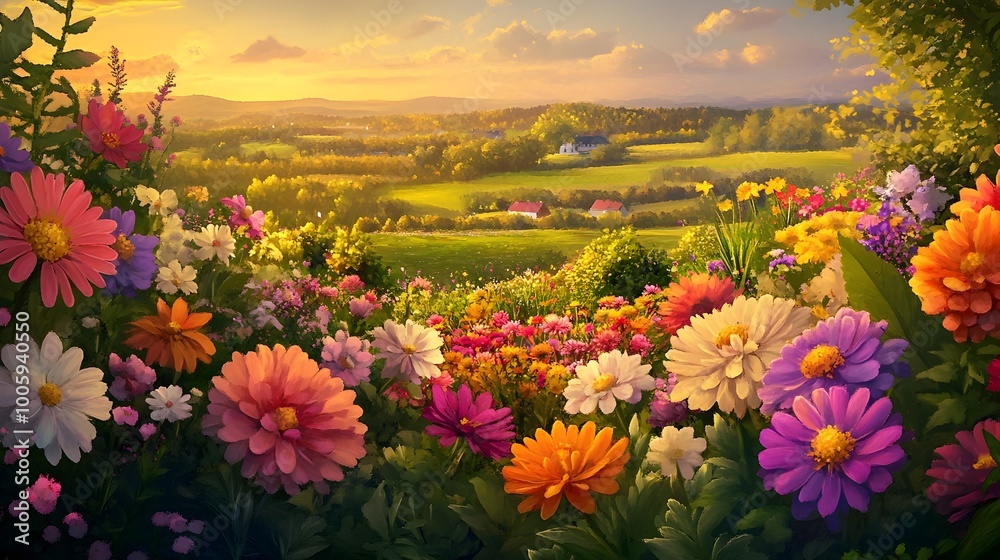 Obraz premium Vibrant blooming flower garden with a variety of colorful petals lush foliage and a charming rural landscape in the background digital art in an impressionistic style with golden hour lighting