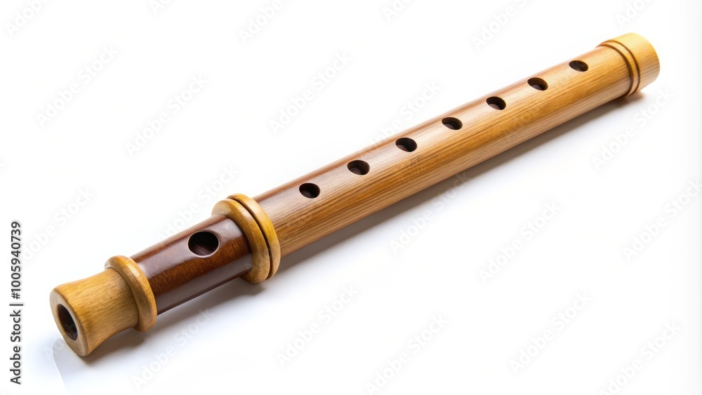 Naklejka premium Wooden Flute Isolated on White Background - Perfect for Music, Instruments, and Art Projects in High-Quality Stock