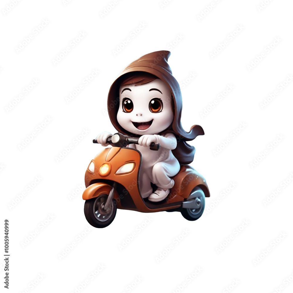 brown Halloween graphic with a ghost on a scooter brown Halloween graphic with a ghost on a scooter