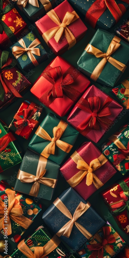 A row of Christmas presents with bows on them. The presents are of different colors and sizes, and they are arranged in a way that creates a festive and joyful atmosphere A row of Christmas presents with bows on them. The presents are of different colors and sizes, and they are arranged in a way that creates a festive and joyful atmosphere