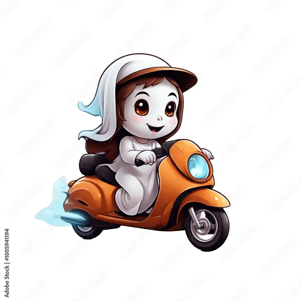 brown Halloween graphic with a ghost on a scooter brown Halloween graphic with a ghost on a scooter