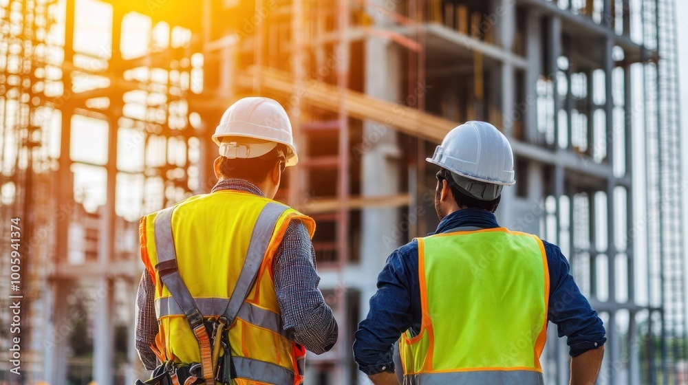 Two construction workers observing a building site at sunset.