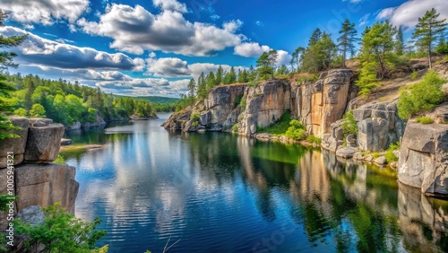 Lake surrounded by rocky cliffs in a forested area, lake, rocky cliffs, forest, water, nature, rocks, trees, landscape