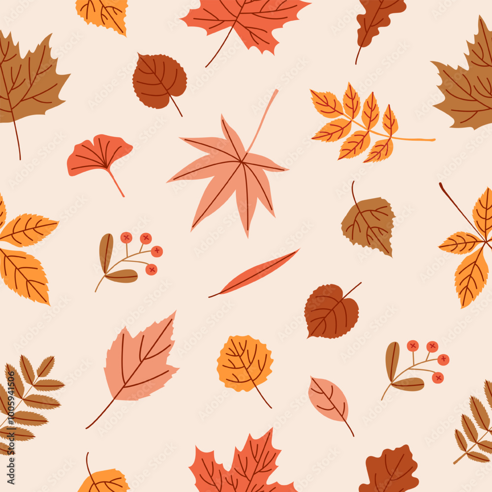 Obraz premium Pattern with different autumn leaves on a light background.