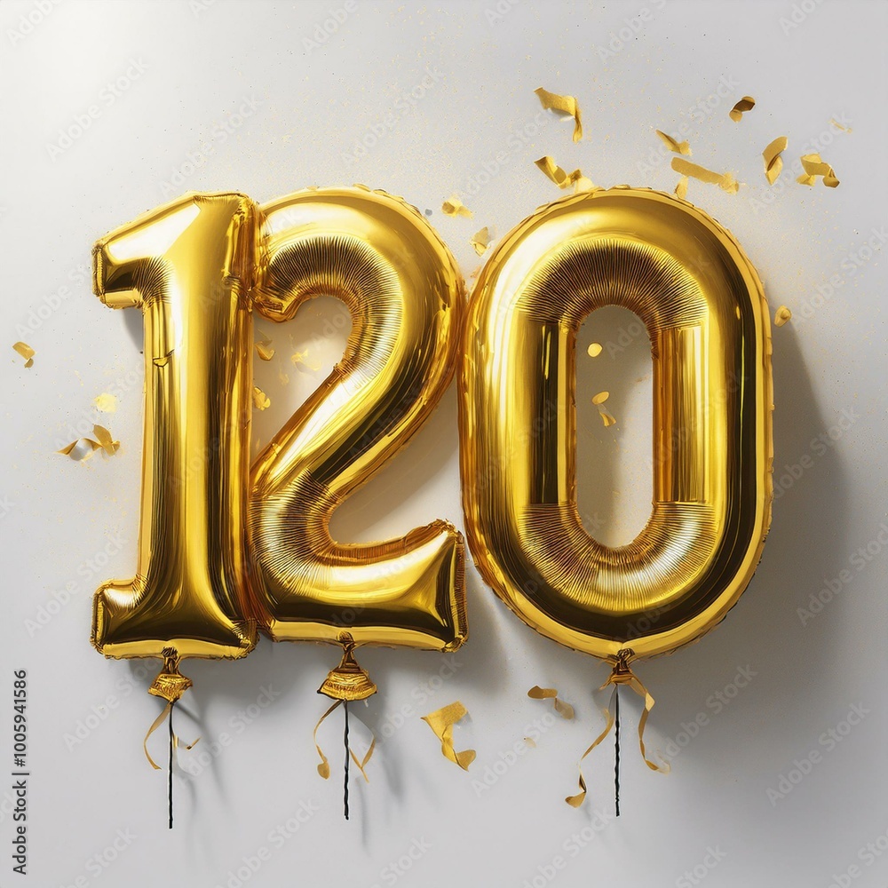 Gold birthday / anniversary balloon, number 120, white background with confetti Gold birthday / anniversary balloon, number 120, white background with confetti