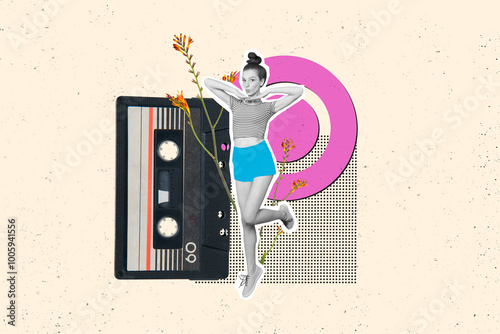 Trend artwork sketch composite collage of retro vintage listen music recorder cassette young lady dance carefree flower nature spring photo