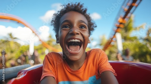 Joyful Nauruan Boy Experiencing Roller Coaster Thrills with Surprised Laughter photo