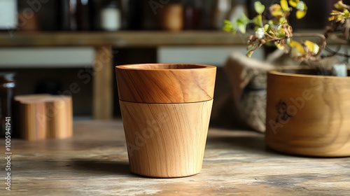 A wooden cup sits on a rustic wooden table, with blurred background.