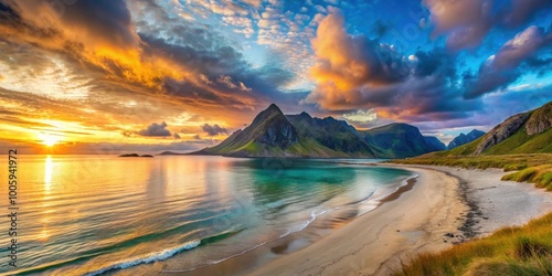 Haukland beach sunset with colorful skies and calm sea , Lofoten Islands, Norway, seascape, beach, sunset, ocean, coastline photo