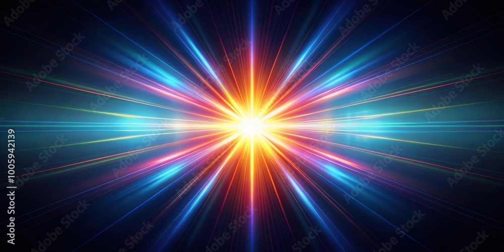 Lens flare effect showing vibrant light rays bursting from a single point , sunlight, photography, abstract, glow, beams, colorful Lens flare effect showing vibrant light rays bursting from a single point , sunlight, photography, abstract, glow, beams, colorful