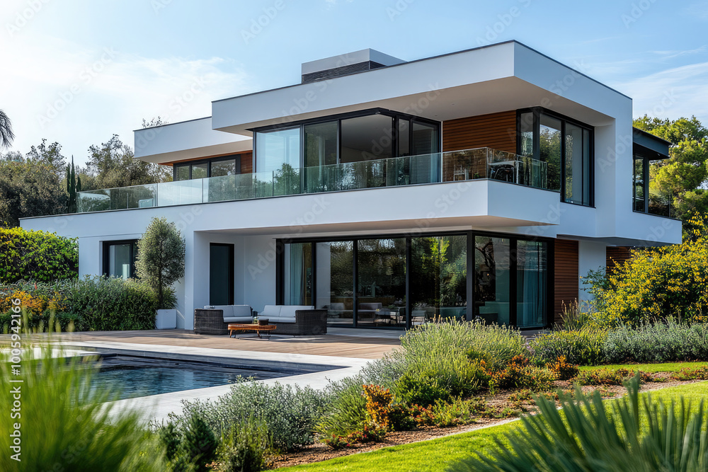 Beautiful modern large eco house with solar panels on the roof and a beautiful green estate, yard.Concept of alternative and renewable energy. Beautiful modern large eco house with solar panels on the roof and a beautiful green estate, yard.Concept of alternative and renewable energy.
