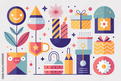 Abstract celebration icons with gifts, candles, and festive elements in vibrant colors