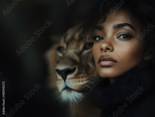 Dramatic Portrait of a Black Woman with a Lion on a Dark Background – Symbolizing Power and Determination