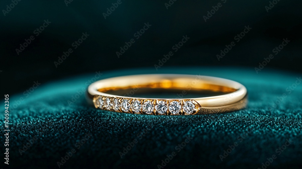 A gold ring adorned with diamonds resting on a velvet cushion, gold ring with diamonds, luxury and elegance