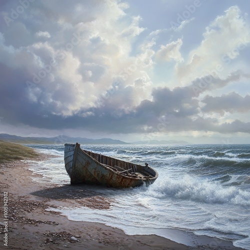 Wallpaper Mural Solitude on the Stormy Shore: A Rusty Boat Under a Dramatic Sky Torontodigital.ca