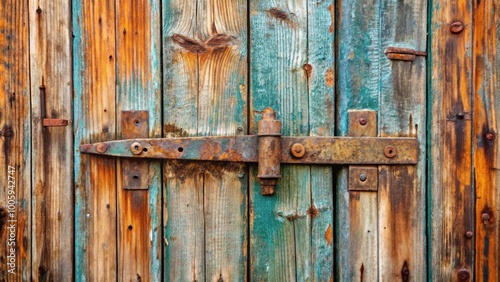 Weathered old wooden door with rusty hinges and peeling paint , vintage, aged, entrance, rustic, antique, architecture