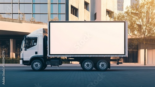A white truck with an LED screen on the side, displaying a large blank banner for advertising or branding. The setting is outdoors in front of a building, emphasizing the simplicity and contrast 