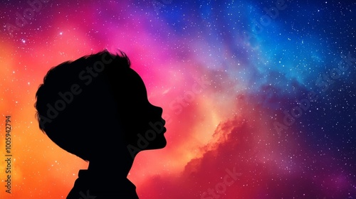 A child's silhouette against a backdrop of multicolored galaxies, representing the endless possibilities of a young mind