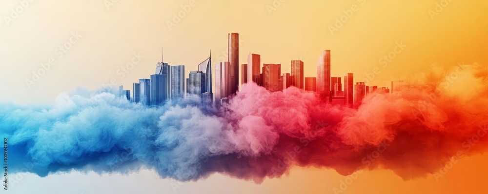 Fototapeta premium A city floating on a cloud made of shifting, swirling colors, symbolizing creative and otherworldly urban design