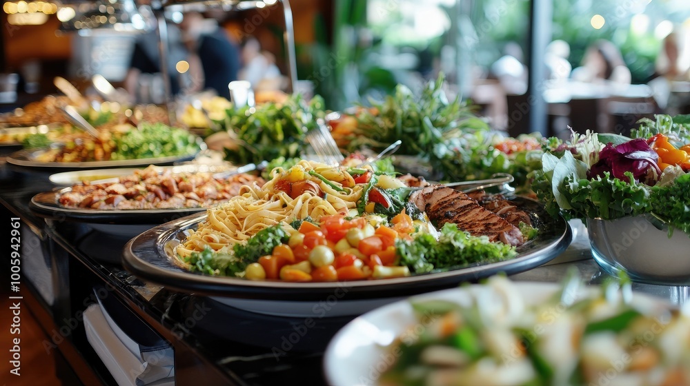 A buffet table filled with a variety of dishes, including salads, pasta, grilled meats, and desserts, in a hotel dining area.