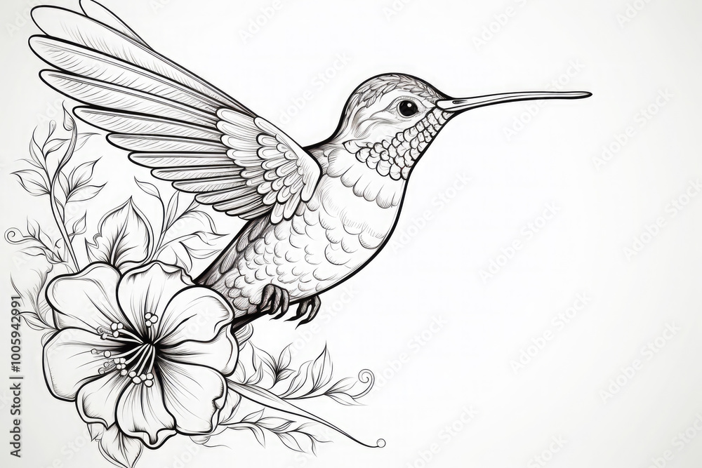 Obraz premium Intricate black and white line art illustration of a bird perched on a floral branch, perfect for adult coloring books or artistic projects