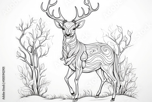 Wallpaper Mural Highly detailed illustration of a majestic deer standing in a forest setting, perfect for coloring books or nature enthusiasts..Zentangle style. Torontodigital.ca