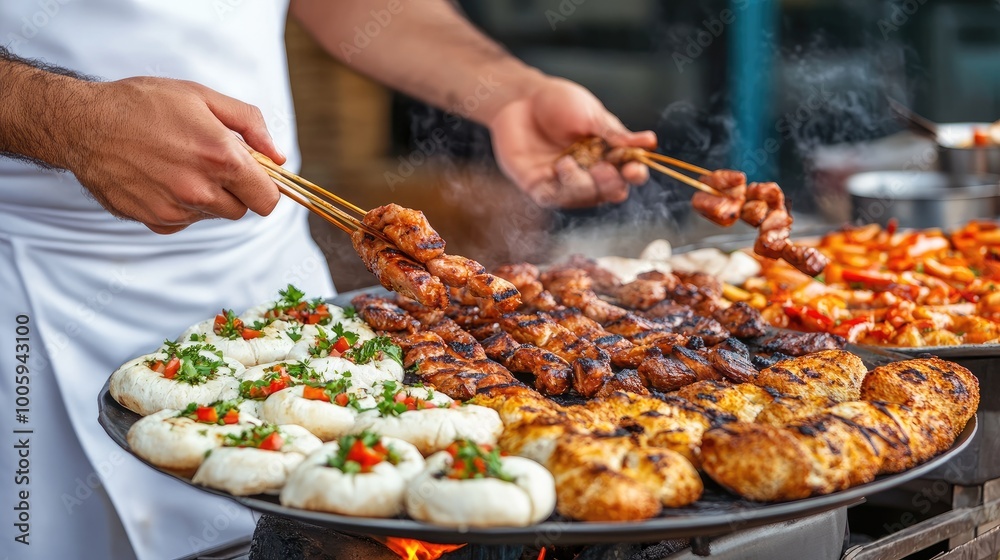 Grilled skewers and fresh sides create a vibrant and delicious street food scene, showcasing culinary artistry and flavor. Grilled skewers and fresh sides create a vibrant and delicious street food scene, showcasing culinary artistry and flavor.