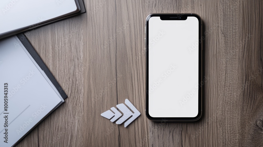 a blank white screen on the desk, in a top view close-up shot, with a business style background, and an arrow-shaped sticker next to it. The color of the phone is black and white