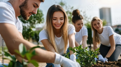 Group of young adults engaged in planting activities, showcasing teamwork and environmental care in an urban garden setting.