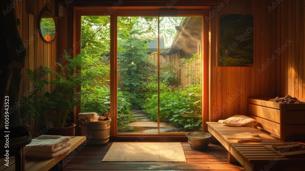 A serene room with wooden interiors and a view of a lush green garden. A serene room with wooden interiors and a view of a lush green garden.
