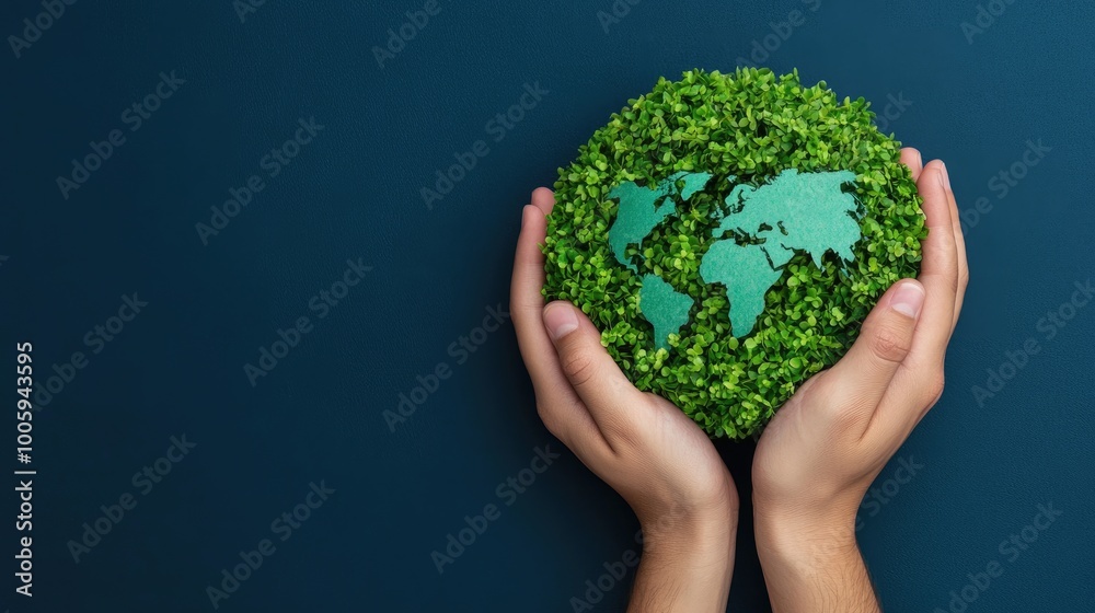 Hands holding a green globe made of leaves, symbolizing environmental care and sustainability. Hands holding a green globe made of leaves, symbolizing environmental care and sustainability.