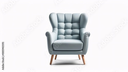 Light blue armchair with tufted upholstery and wooden legs on white background.