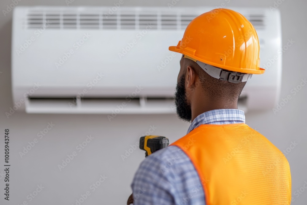A maintenance worker in an orange vest and helmet, inspecting an air conditioner, standing with tools in hand. A maintenance worker in an orange vest and helmet, inspecting an air conditioner, standing with tools in hand.