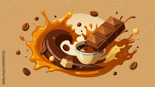 splashes and drops of melted dark chocolate, hot coffee and milk flow mixed