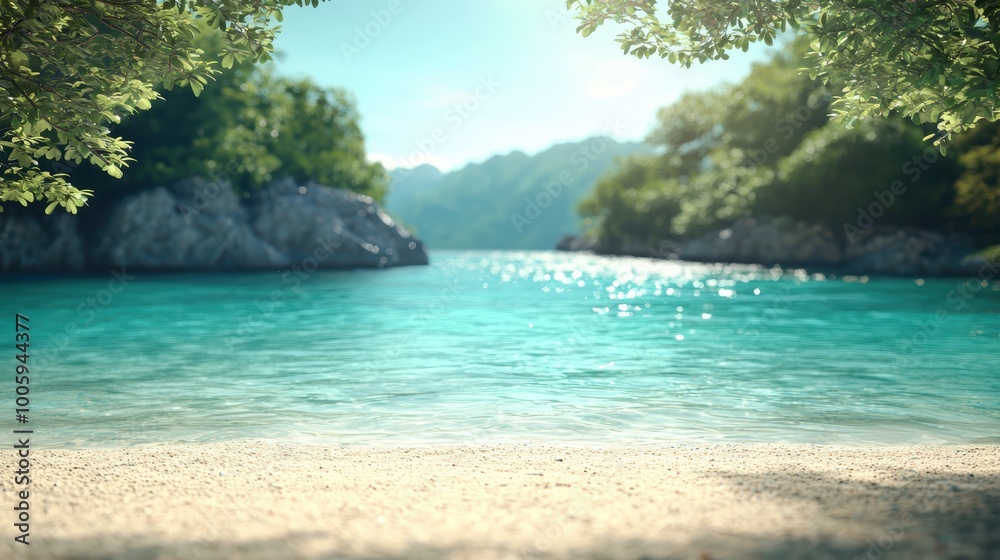 Fototapeta premium Blurred perspective of tropical flora framing a sandy beach with clear turquoise waters inviting relaxation and summer fun. Based on Generative AI