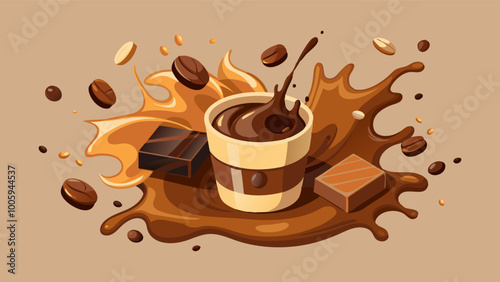 splashes and drops of melted dark chocolate, hot coffee and milk flow mixed