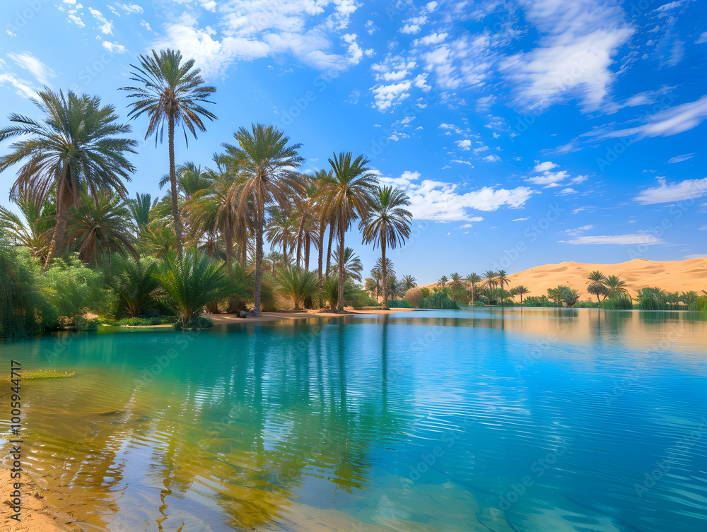 A peaceful desert oasis with lush palm trees and glistening water under clear blue skies. A peaceful desert oasis with lush palm trees and glistening water under clear blue skies.