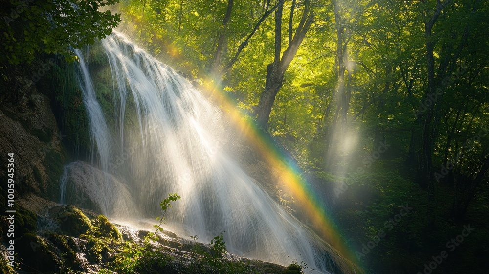 A serene waterfall surrounded by lush greenery and a rainbow, capturing nature's beauty. A serene waterfall surrounded by lush greenery and a rainbow, capturing nature's beauty.