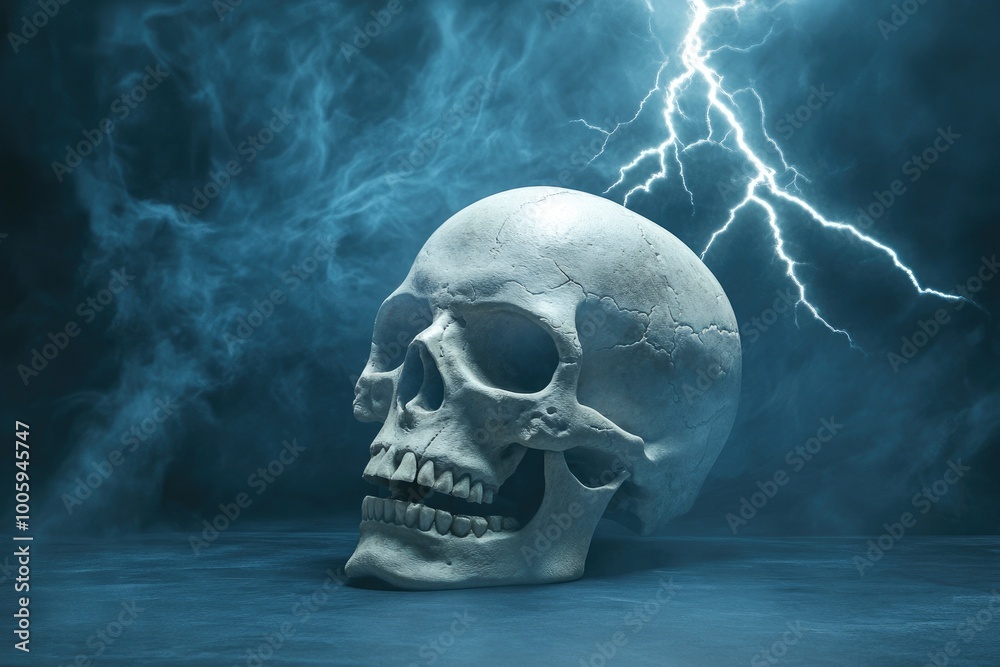 3D Illustration of a Human skull with copy space and a lightning strike behind - generative ai 3D Illustration of a Human skull with copy space and a lightning strike behind - generative ai