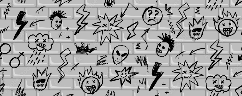 Grunge rock seamless pattern with doodle elements. Wax pencil drawing face with tongue out, cartoon thunderbolt like children pen drawing and other rock n roll style black color vector elements Grunge rock seamless pattern with doodle elements. Wax pencil drawing face with tongue out, cartoon thunderbolt like children pen drawing and other rock n roll style black color vector elements
