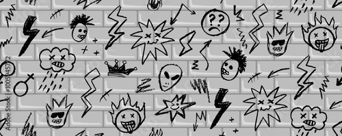 Grunge rock seamless pattern with doodle elements. Wax pencil drawing face with tongue out, cartoon thunderbolt like children pen drawing and other rock n roll style black color vector elements