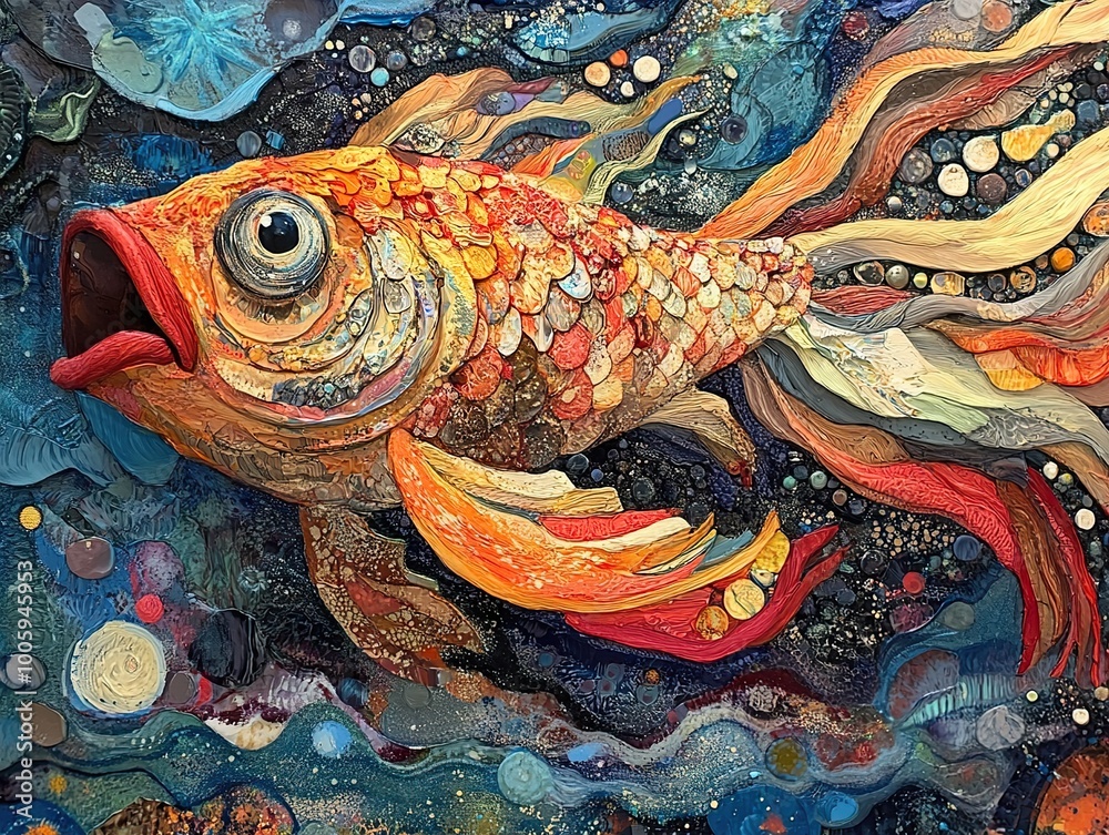Abstract Mosaic Goldfish Painting: Colorful Underwater Art