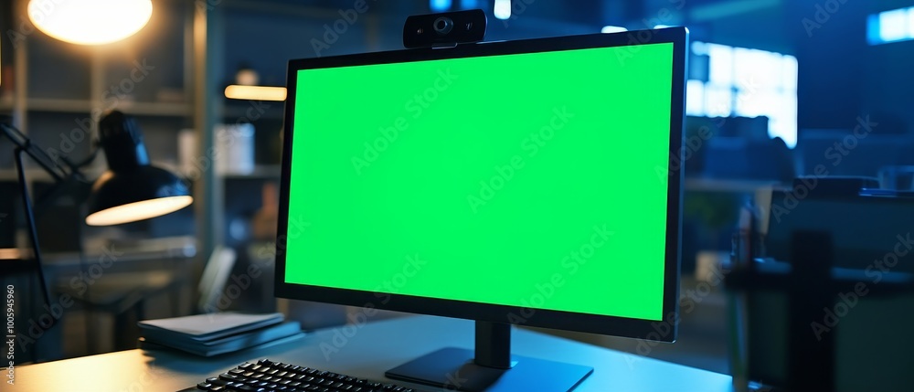A detailed view of a green screen on a computer in a vacant business office, showcasing a chroma key background on the monitor for an isolated template, offering a blank mock-up space with no one A detailed view of a green screen on a computer in a vacant business office, showcasing a chroma key background on the monitor for an isolated template, offering a blank mock-up space with no one