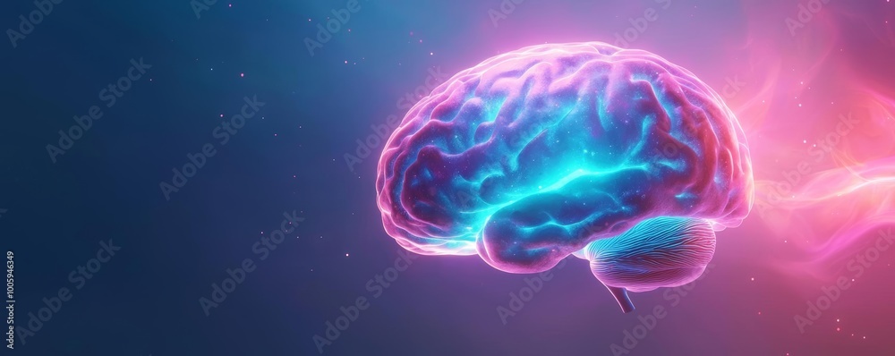 Naklejka premium A glowing, multicolored nebula in the shape of a human brain, symbolizing the vastness of human imagination