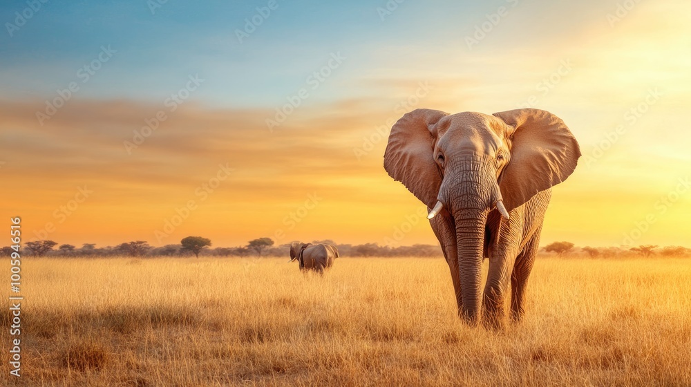 Obraz premium Majestic elephant walking through golden grasslands during sunset, embodying the beauty of wildlife and nature in harmony.